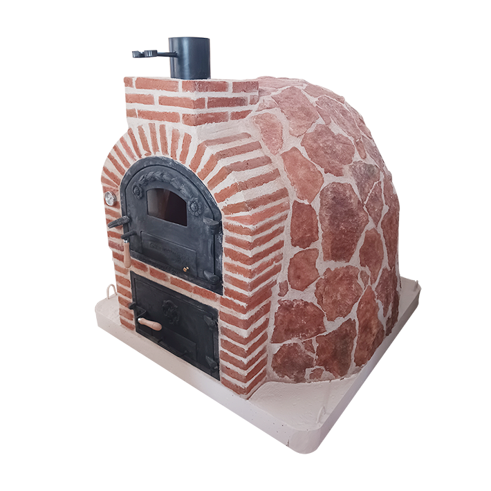 DOUBLE CHAMBER WOOD-FIRED OVEN WITH STOVETOP, FINISHED IN HISPANIS RED STONE