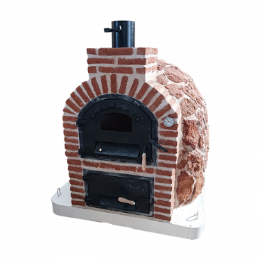 DOUBLE CHAMBER WOOD-FIRED OVEN WITH STOVETOP, FINISHED IN HISPANIS RED STONE