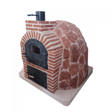 DOUBLE CHAMBER WOOD-FIRED OVEN WITH STOVETOP, FINISHED IN HISPANIS RED STONE