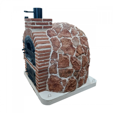 DOUBLE CHAMBER WOOD-FIRED OVEN WITH STOVETOP, FINISHED IN HISPANIS RED STONE