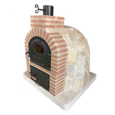 DOUBLE CHAMBER WOOD-FIRED OVEN WITH STOVETOP, FINISHED IN PEARLESCENT WHITE STONE