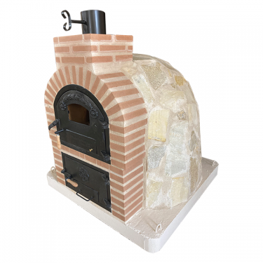 DOUBLE CHAMBER WOOD-FIRED OVEN WITH STOVETOP, FINISHED IN PEARLESCENT WHITE STONE