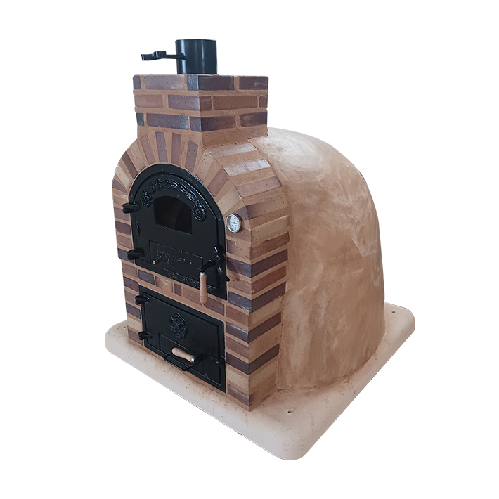 DOUBLE CHAMBER WOOD-FIRED OVEN WITH STOVETOP, FINISHED IN POLISHED TERRACOTTA