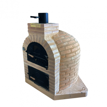  DOUBLE CHAMBER WOOD-FIRED OVEN WITH STOVETOP, FINISHED IN SALMON-COLORED RUSTIC BRICK FROM PERERUEL